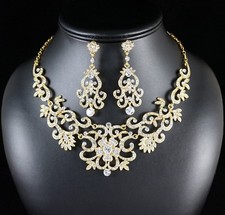 Gorgeous Clear Rhinestone Crystal Bib Necklace Earring Set Bridal Prom Gold N89g