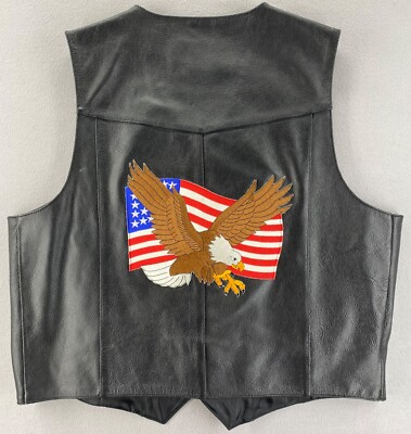 FMC Motorcycle Leather Vest Black Men s 52 Patriotic American Flag Bald Eagle
