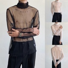 Seducente Maglietta Uomo Rete Trasparente Girocollo Maniche Lunghe da Notte