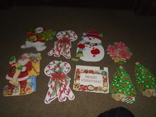 8 Christmas Die Cut Cutout Vintage Snowman/Trees/Sign/Some Eureka/some flocked