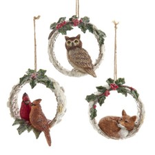 Birch Berries Cardinals/Fox/Owl in Tree Hole Ornaments