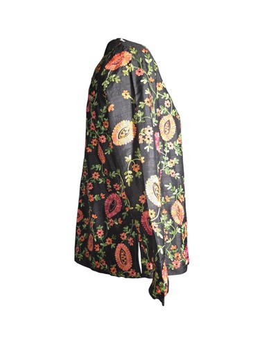 Laura Ashley Vintage Pink & Orange Floral Embroidered Black Silk Blazer Size S - Picture 2 of 10