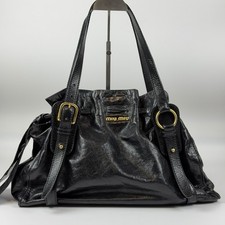 Auth Miu Miu Vitello Lux Side Ribbon Bow Bag Black Leather Shoulder Bag s29