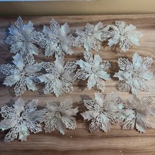 12 White Glitter Poinsettia Flowers Wreath Decor 5  6  holiday decor white winter