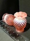 VTG 4" FENTON PINK CRANBERRY OPALESCENT RUFFLE RIM TOP GLASS MINI SET OF 2.