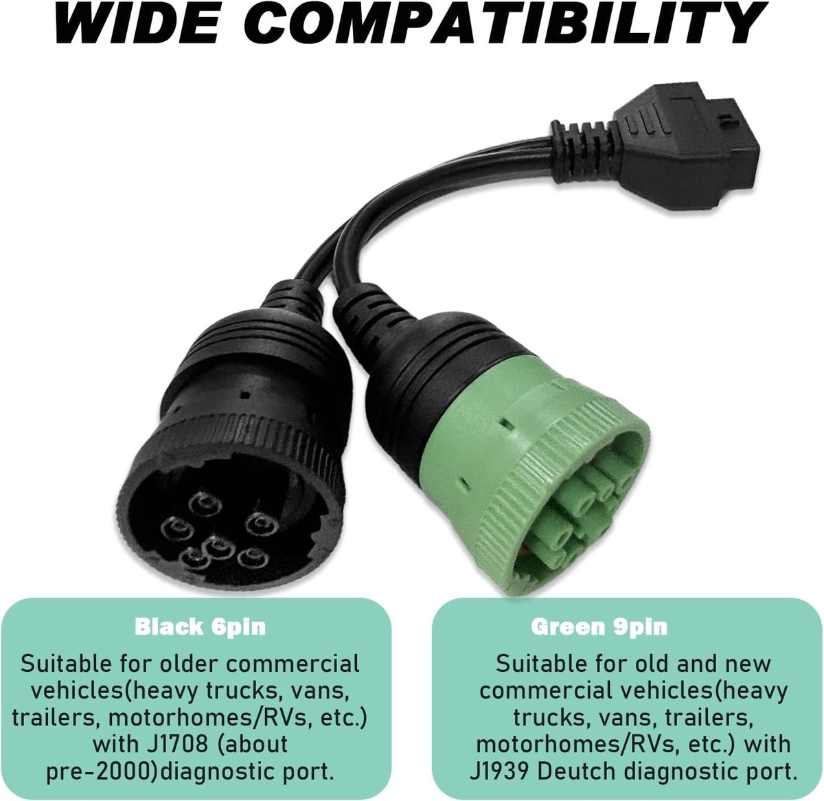 OBD Type 2 Green 9 Pin J1939 6 Pin J1708 to OBD2 Split Y Cable for