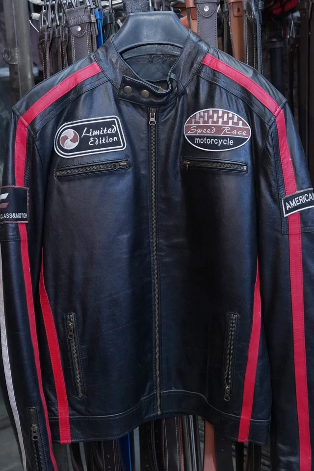 Men’s Black Leather Motorcycle Racing Jacket – Biker Cafe Racer Retro Style with - Image 2 of 4
