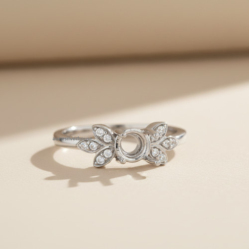 925 Sterling Silver 6mm Round Semi Mount Ring-Minimal Floral Leaf CZ Accent Ring