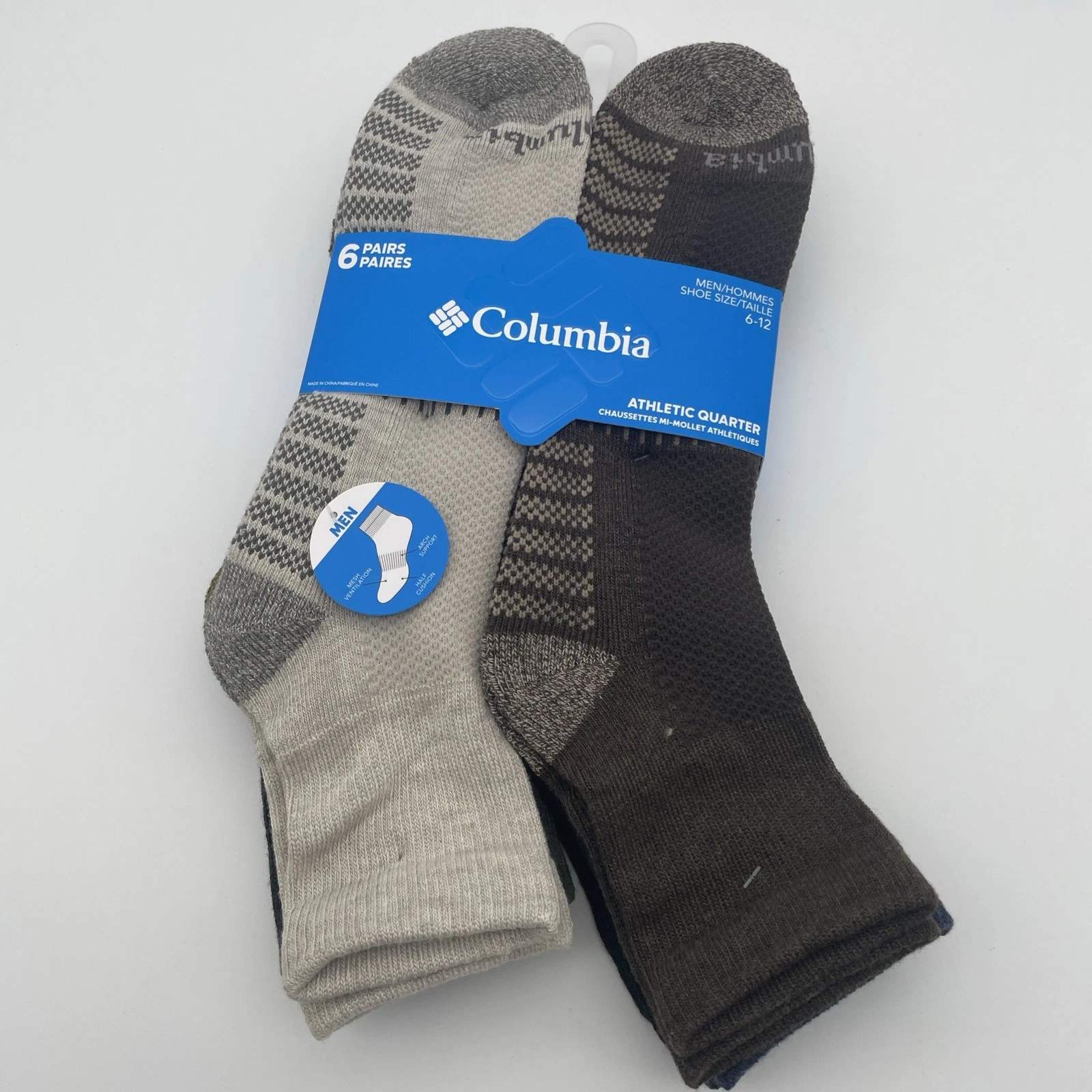 Columbia Designer Sport 6 Pack Mens Athletic Quarter Cut Socks Mixed Size 6-12.
