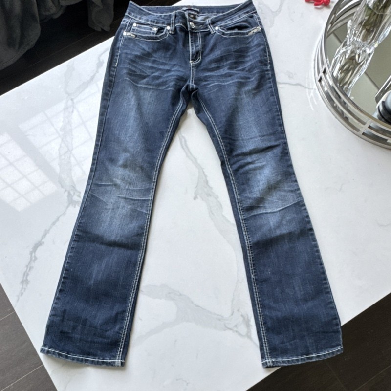 Love Nation Bootcut Jeans Blue Denim Medium Wash Stretch Rhinestone Pockets