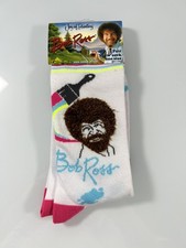 Bob Ross  The Joy Of Painting  White  Pink Crew Socks Size 8-12 Brand New