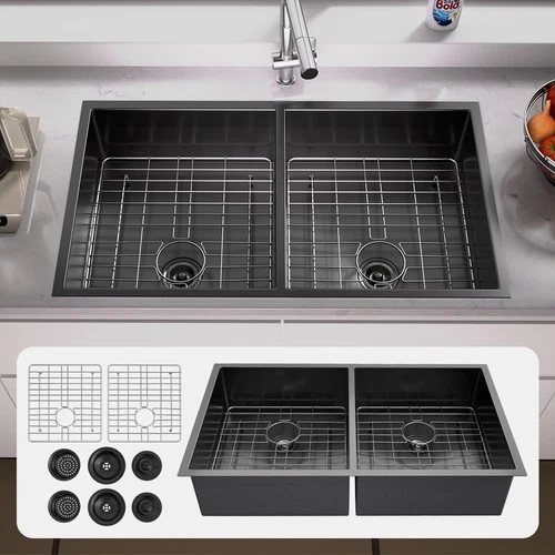 33x19" Undermount Kitchen Sink Double Bowl Stainless Steel Black 16 Gauge Solid