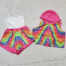 Weissman Pink Rainbow Sequin Sleeveless Hoodie Short Set Dance Costume Girl MC