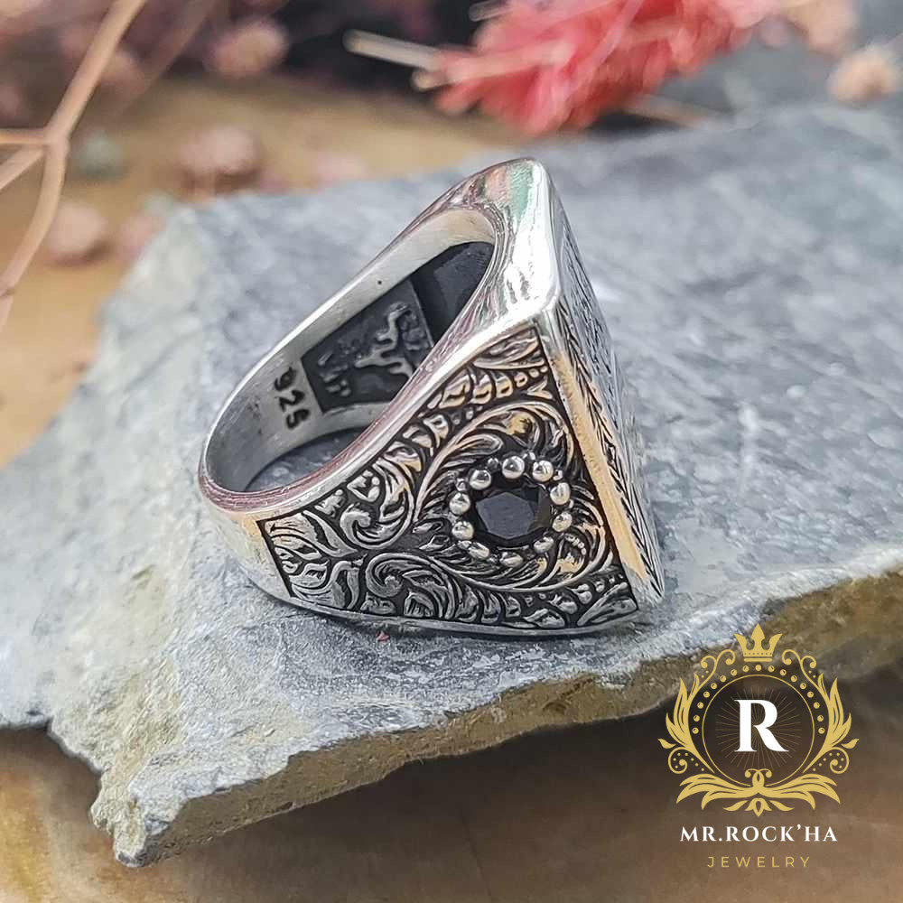 Word of Tawhid Written Engraving,Black Zircon,925 Sterling Silver Men's Ring