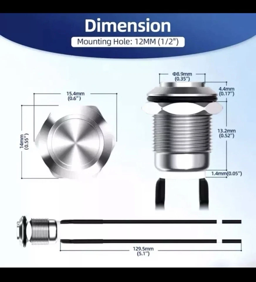 2 Pcs New 12mm 12V Metal Waterproof Momentary Push Button Switch for Any Uses - Image 2 of 3