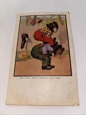Vintage Post Card Busy Bears Series Playing Leap Frog