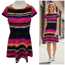 Elle Dress Womens Small Stripe Knit Multicolor Pleating Work Office Career