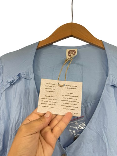 ELF Made by Hand in Bali Lola Button Up Cottagecore Midi Dress Soft Blue Size L - Picture 4 of 7