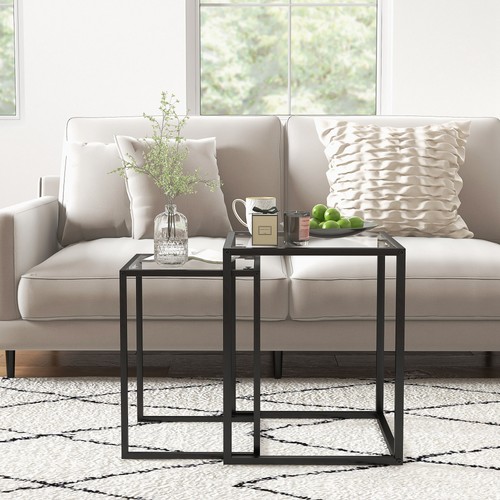 Nesting Tables Set of 2, Side End Table with Tempered Glass Top, Black - Picture 9 of 11