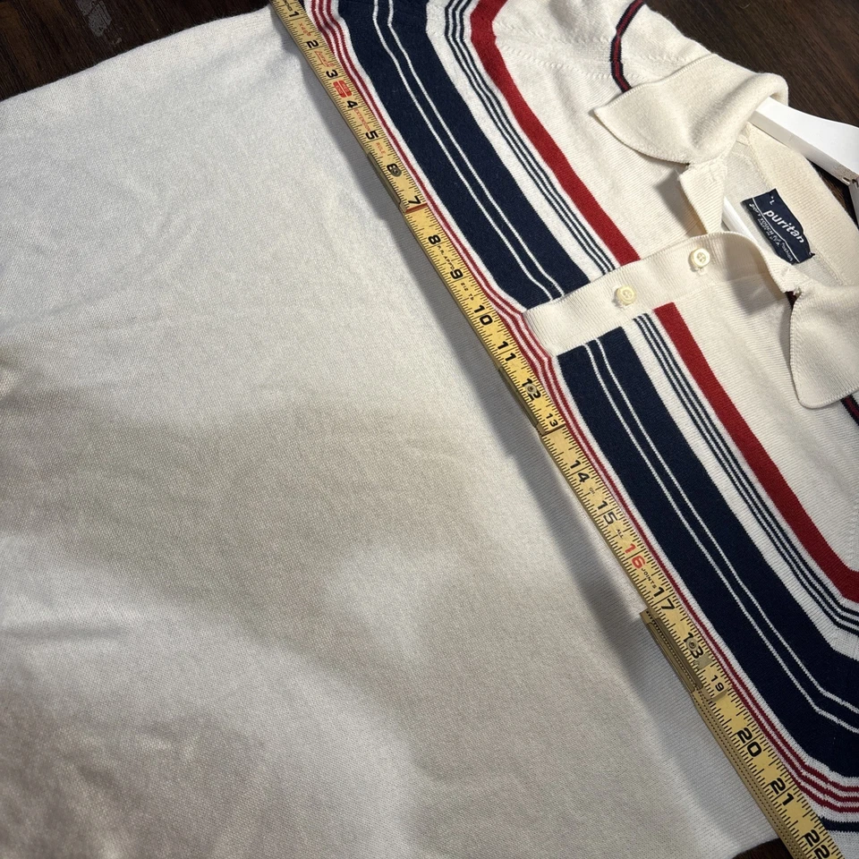 Mens Vintage Puritan Ivory Striped Blue Red Soft Knitted Polo Sweater Size L USA - Image 4 of 4