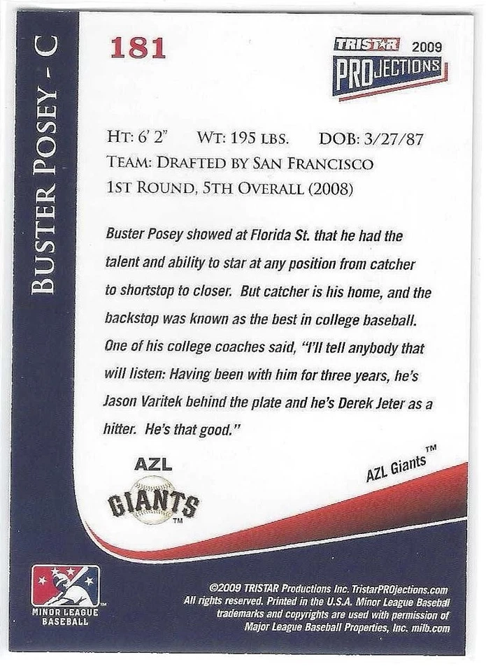 Buster Posey 2009 TriStar Proyecciones AUTO SP #181 Gigantes de San Francisco ¡RARO! Foto 2 de 2