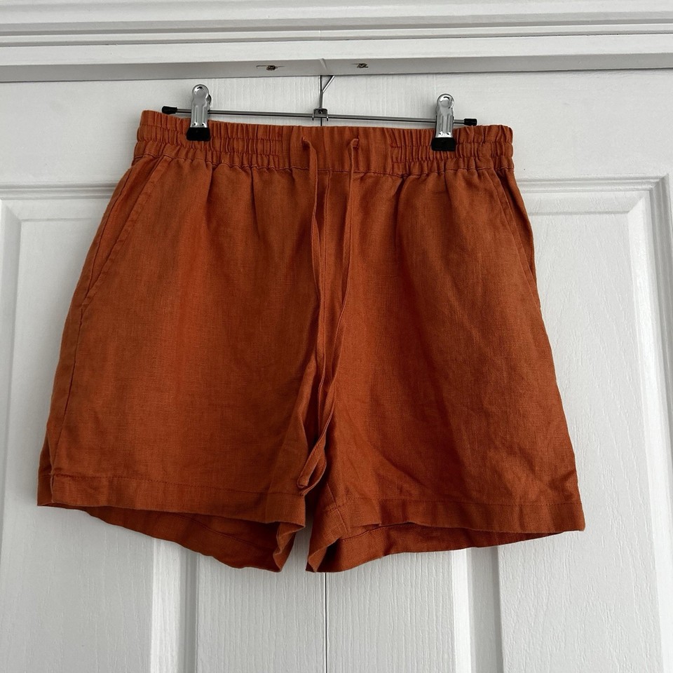 French Connection 8 Linen Burnt Orange Shorts Pockets Elastic Waist Summer Light