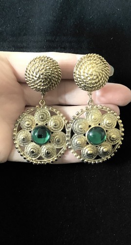 BNWT Vintage 80’s Gold and Green Clip On Drop Statement Earrings NEW - Picture 4 of 4