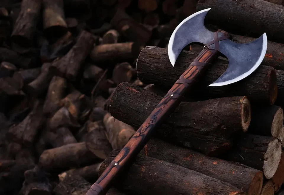 Handmade Double Headed Viking Carbon Steel Axe  Blade With Ash Wood Handle - Image 2 of 4