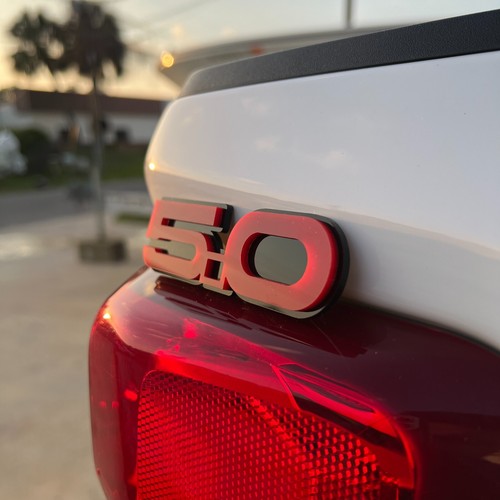 5.0 Car Emblem Badges Set of (2) Racing Aggressive Red on Black Fender Badges - Picture 7 of 7