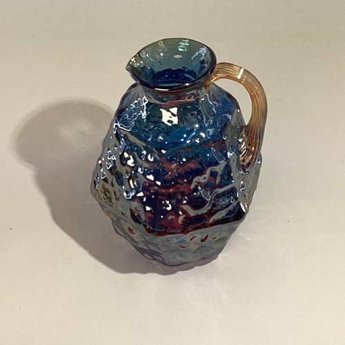 Pilgrim Blue Art Glass Rock Crystal Nugget Pattern Pitcher Cruet Iridescent - Picture 9 of 11