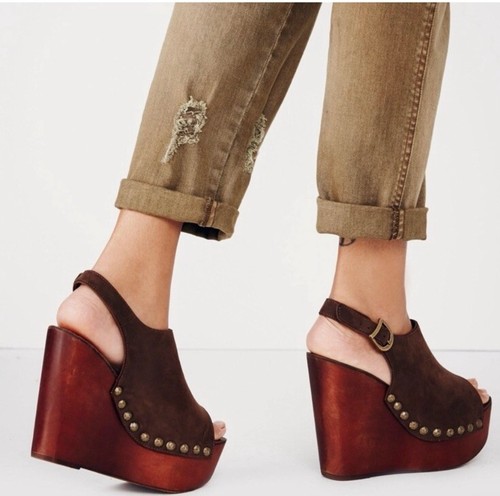 Jeffrey Campbell FP Snick Studded Brown Leather Wood Wedge Clogs Open Toe 8.5 - Picture 2 of 12