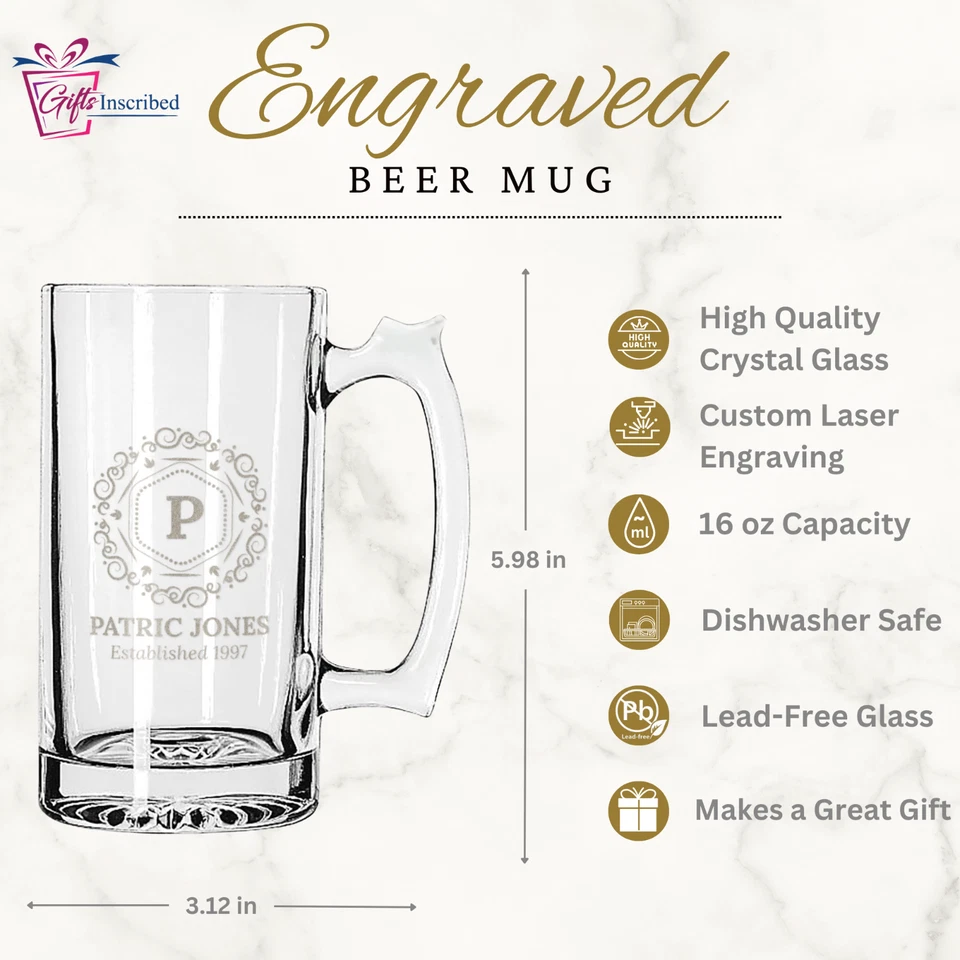 Vaso de cerveza grabado Stein - Vaso de cerveza personalizado de 16 oz con mango - Taza de cerveza vaso Foto 4 de 4