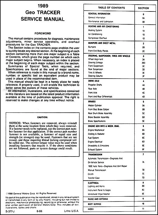 1989 Geo Negozio Manuale 89 Originale Riparazione Servizio Libro Fabbrica Dealer - Immagine 2 di 2
