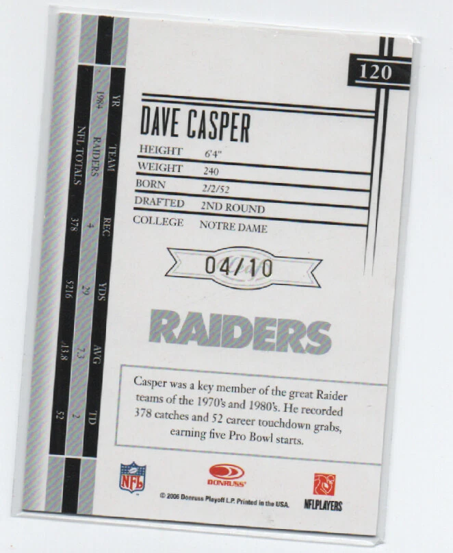 2006 Leaf Limited Gold Spotlight Dave Casper #120 04/10 OAKLAND RAIDERS - Image 2 of 2