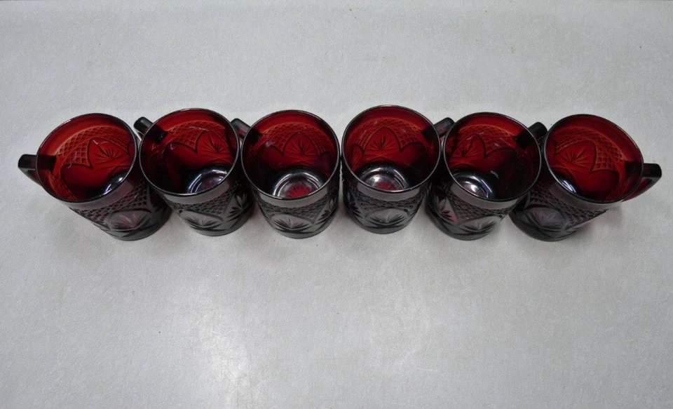 6 VINTAGE~RUBY RED CUT GLASS MUGS Luminarc Cristal D Arques-Durand EUC - Image 3 of 4