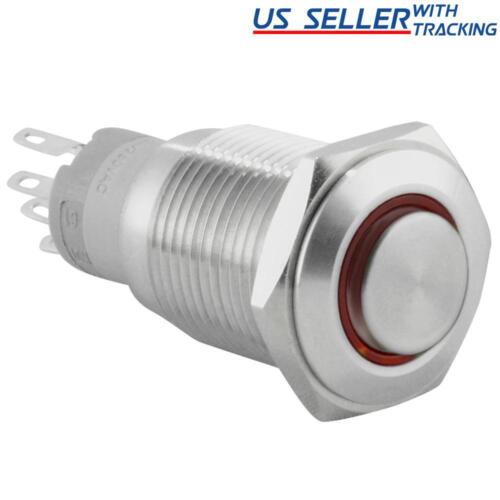 16mm 12V LED Momentary Push Button Stainless Steel Power Switch, Red - Picture 1 of 5