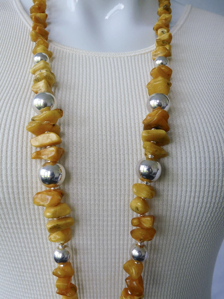 Collar colgante ámbar báltico yema de huevo extra largo S925 cuentas de plata de ley Foto 3 de 4