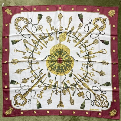 HERMES Carre 90 Scarf Silk Keys Pattern Burgundy White Yellow 