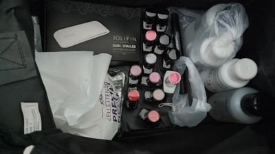 Jolifin Shellac Set- UV Minilampe,Farbgel, Basecoat, Topcoat, Cleaner, Entferner