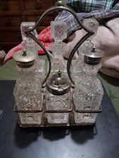 ANTIQUE SILVERPLATED CUT GLASS CRUET/CASTOR SET 6 pc