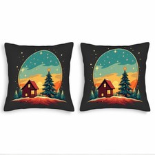 Cozy Winter Scene Throw Pillow Covers 18x18in Set of 2 - Festive Christmas Tree