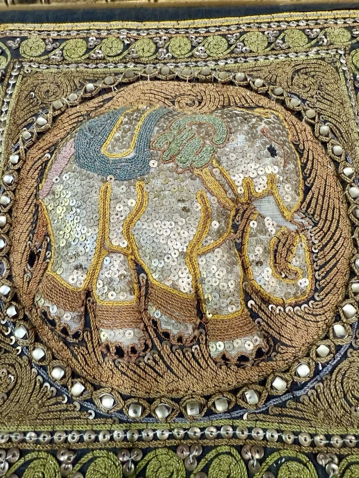 Rare Vtg Framed Beaded Kalaga Tapestry  Asian Burmese Thai India Handmade - Image 3 of 4