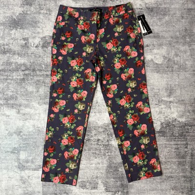 Indigo Floral Rose Pattern Dress Pants Butterfly Cropped Mid Rise Women s Size 8