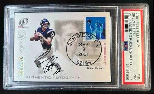 2001 Fleer Legacy Drew Brees Rookie Postmarks Auto RC #62/999 Chargers PSA 7