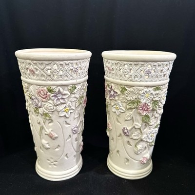 PAIR VINTAGE K s COLLECTION UNIQUE  8'' CERAMIC VASE EMBOSSED PASTEL 3D FLOWERS