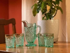 Vintage Dalzell Viking Yesteryear Pitcher and Glass Set Mint Green 5 Piece Set 