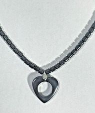 NEW Natural Hematite HEART PENDANT 18" Necklace OPEN HEART