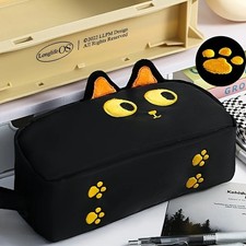 Black Cat Pencil Case Large Capacity Fabric School Office Paw Print Design