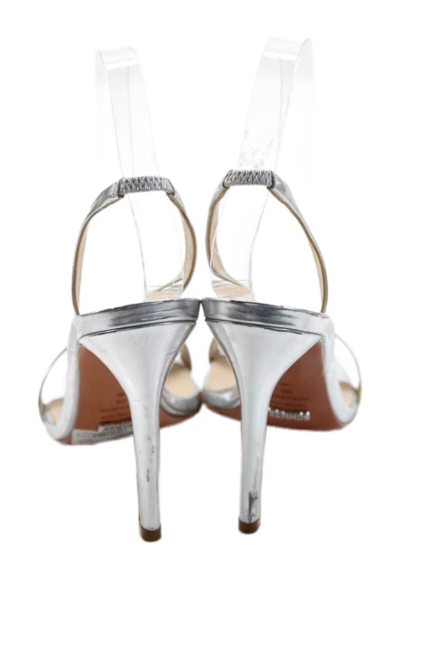 Tacones de aguja metálicos con puntera abierta Schutz para mujer plateados talla 9 Foto 3 de 4