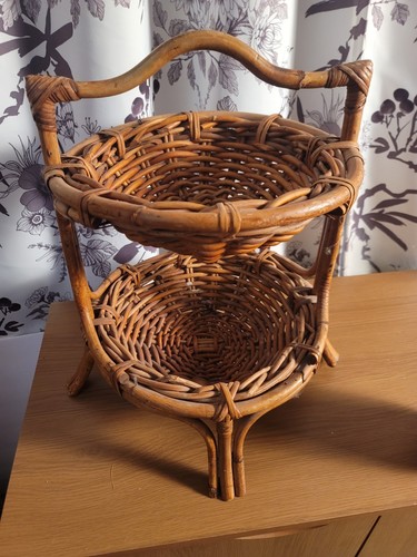 MCM Solid Rattan 2 Tier Fruit Basket Vintage 1950's with Handle